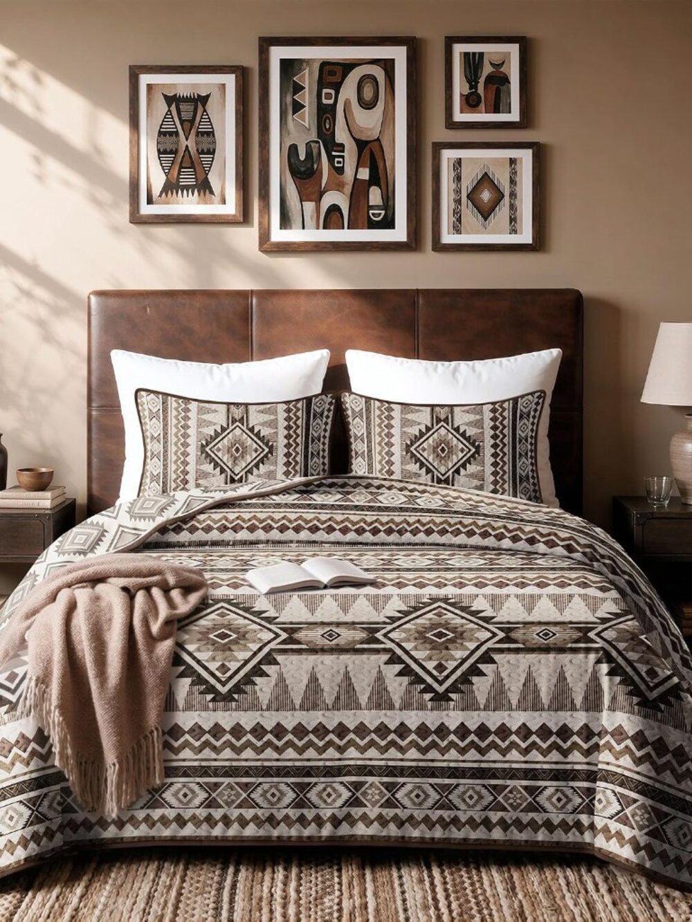 Reversible Brown Boho Twin Quilt Set, 2-Piece Bohemian Aztec Microfiber Bedsprea